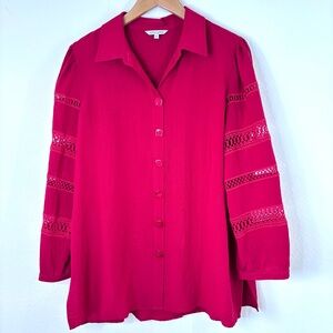 John Mark Red Crochet Sleeve‎ Button Blouse Boho Artsy L